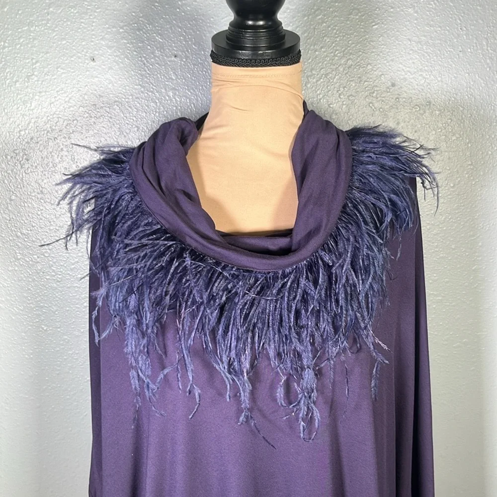 Chicos purple feather trim cowl neck fancy feathers poncho sz L/XL